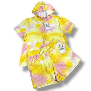 Juicy Couture Terry Cloth Tie Dye Lounge Set Short Sleeve Hoodie and Shorts